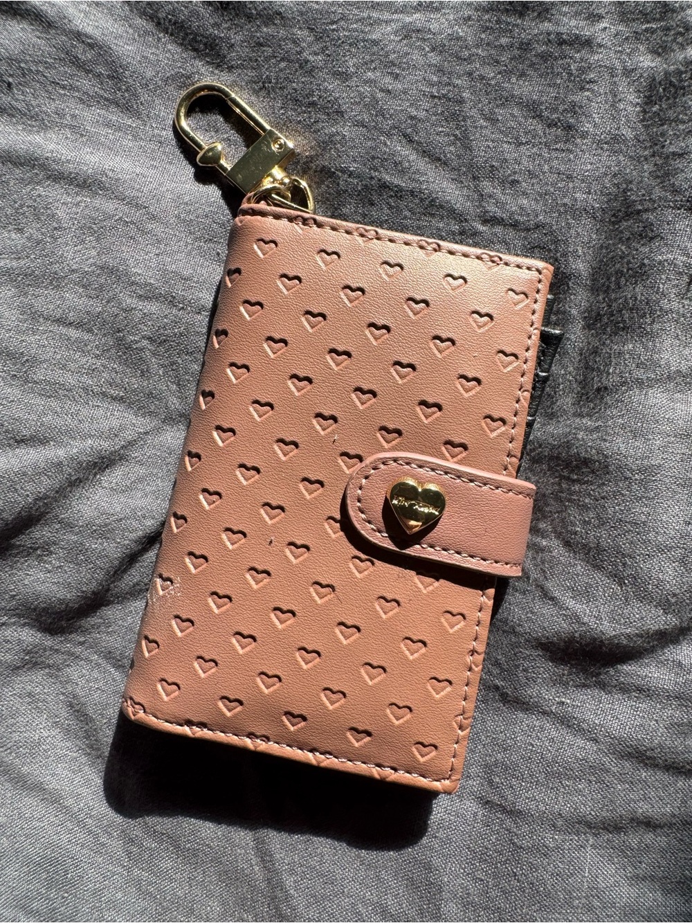 Beige-Pink Heart-Embossed Keychain Wallet